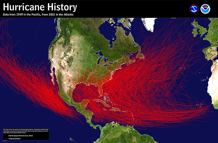 Localización de los huracanes en el Atlántico