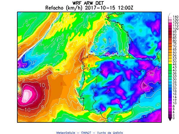 Rachas de viento previstas por el modelo WRF de MeteoGalicia