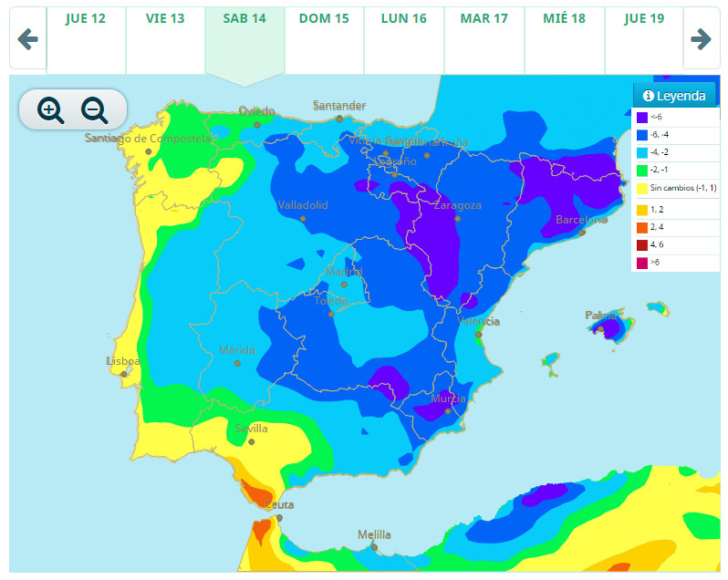 Variación de las temperaturas máximas prevista para el sábado