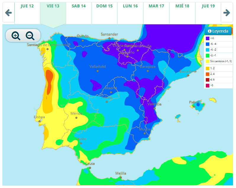 Variacion de la temperatura máxima prevista para el viernes