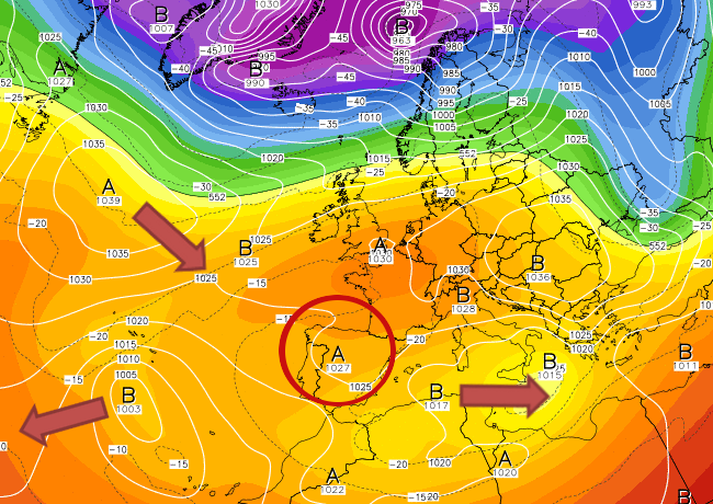middle | Situación el martes 3 de Diciembre con el anticiclón justo sobre la Península. Las flechas indican el movimiento que tomarán la borrasca que está en el Mediterráneo, la que afecta a Canarias y el nuevo anticiclón situado en el norte