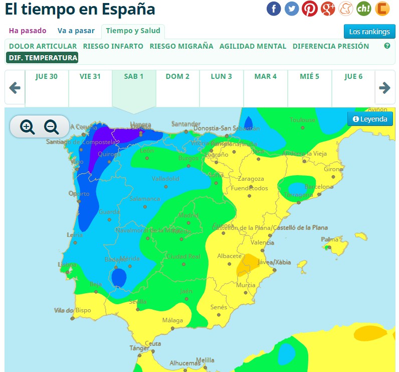 middle | Cambio previsto en las temperaturas máximas entre las del viernes y las del sábado