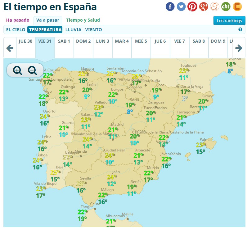 middle | Temperaturas (máxima y mínima) previstas para el viernes 31 de octubre