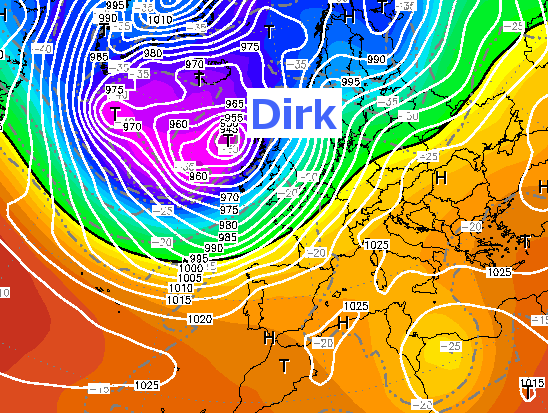 middle | Previsión que el GFS hace de la posición y profundización de Dirk (lunes a las 19:00 horas)